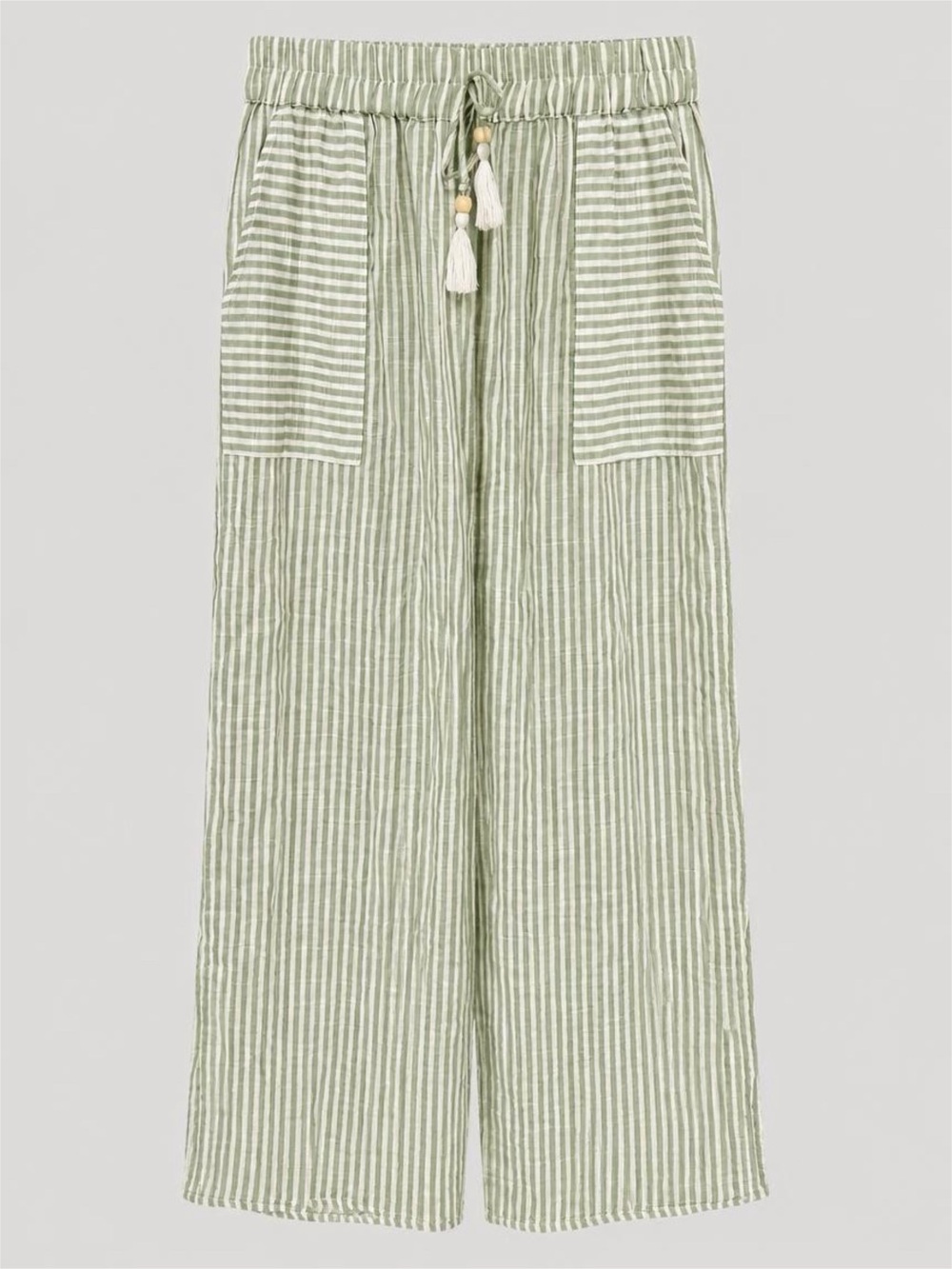 NWT Striped Sage Wide-Leg Linen-Blend Pants with Drawstring